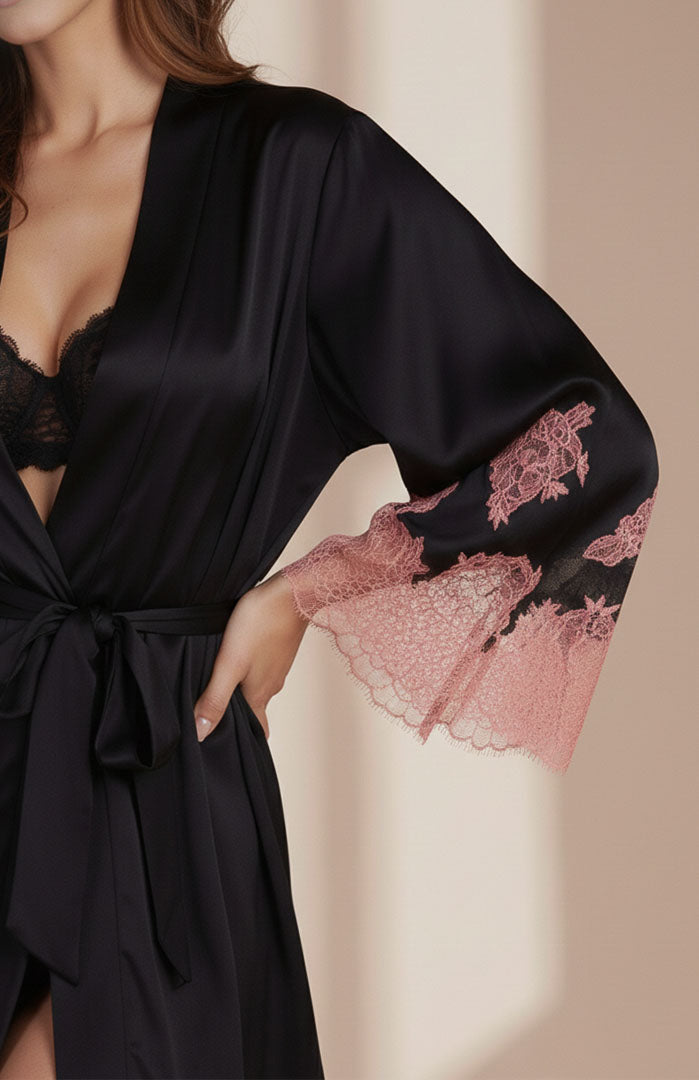 Midnight Blush – Black Armani Satin Lace Robe
