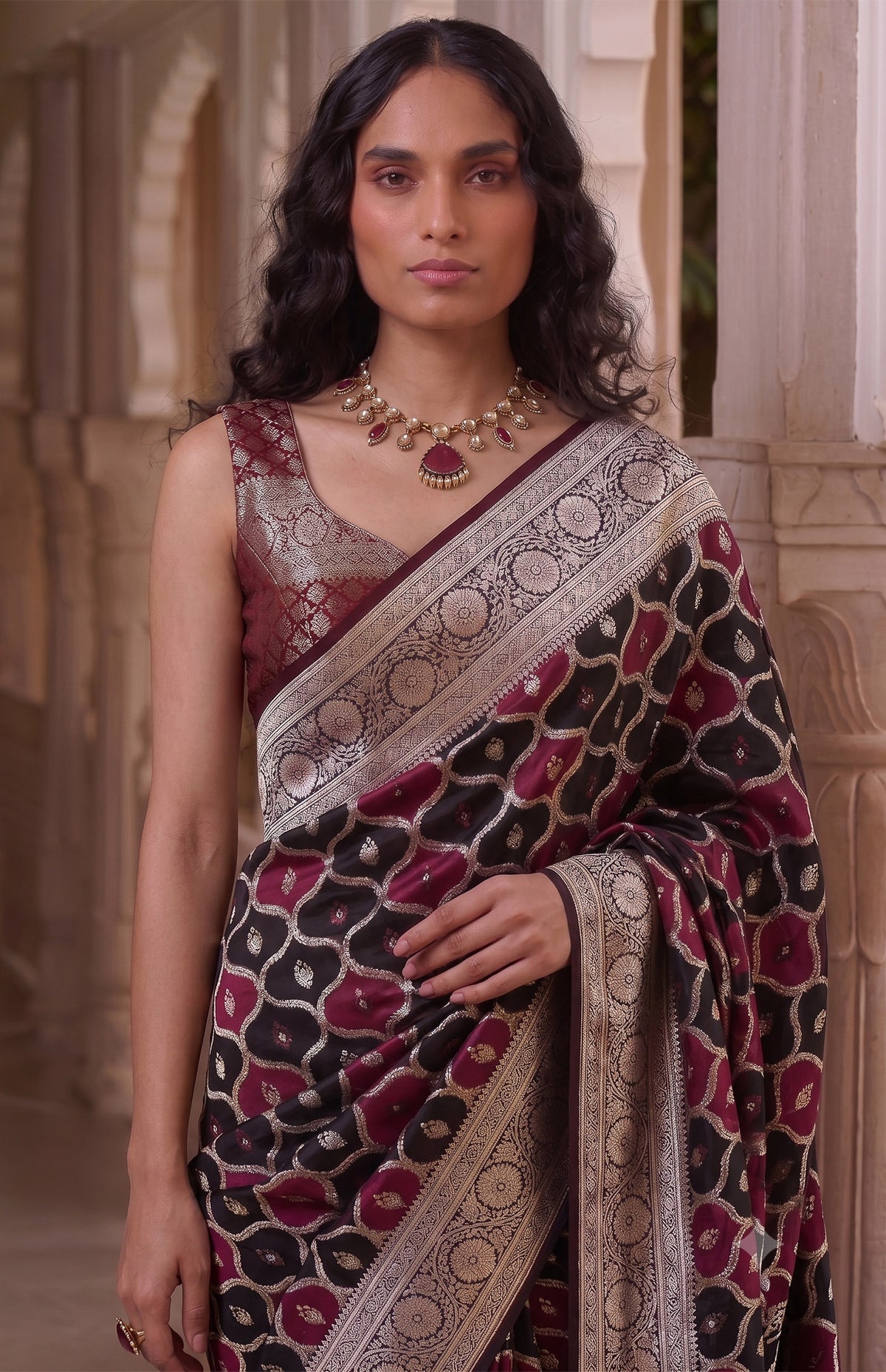 Maharani Raatrani | Black & Wine Handwoven Mashru Katan Banarasi Saree