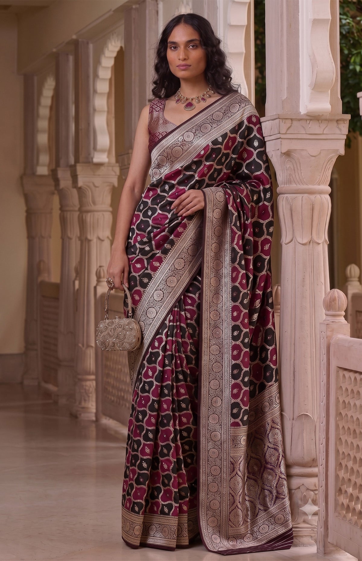 Maharani Raatrani | Black & Wine Handwoven Mashru Katan Banarasi Saree
