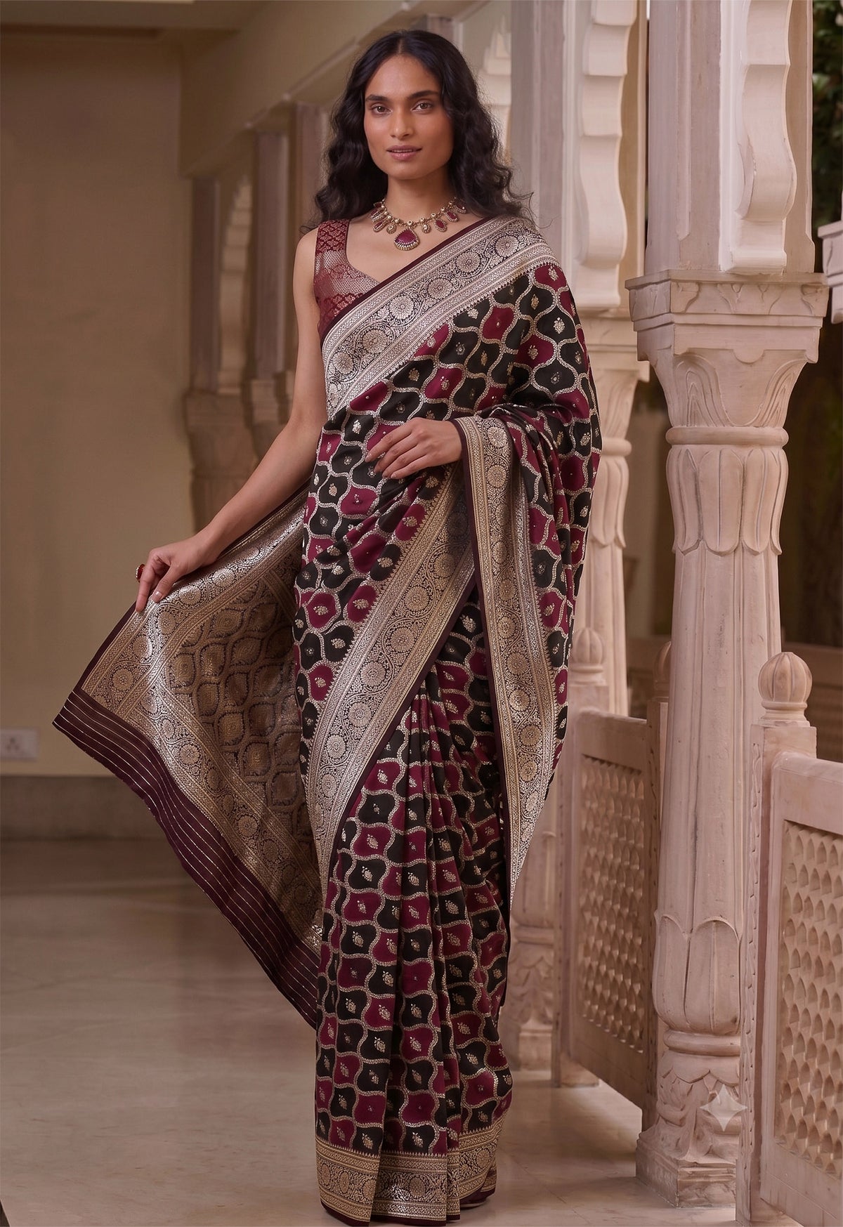 Maharani Raatrani | Black & Wine Handwoven Mashru Katan Banarasi Saree