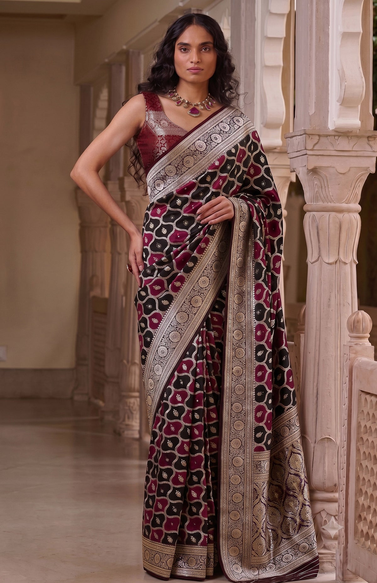 Maharani Raatrani | Black & Wine Handwoven Mashru Katan Banarasi Saree