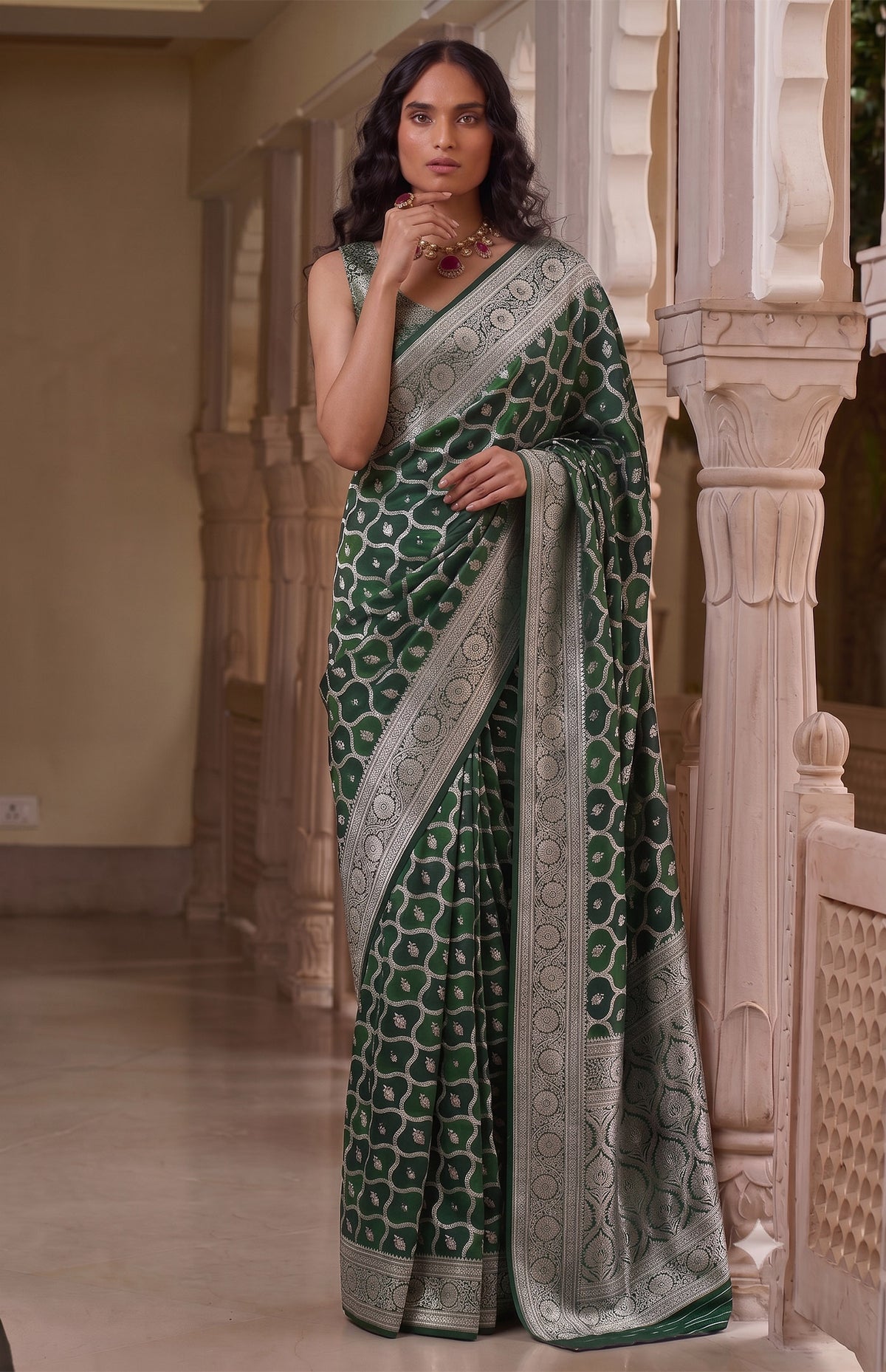 Rajkumari Mayuri | Bottle Green & Silver Handwoven Mashru Katan Banarasi Saree
