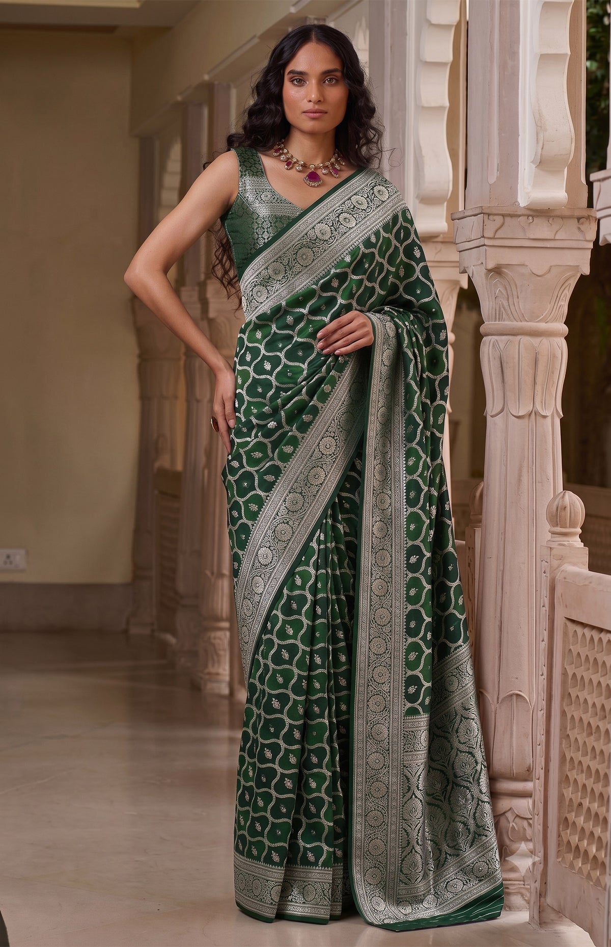 Rajkumari Mayuri | Bottle Green & Silver Handwoven Mashru Katan Banarasi Saree