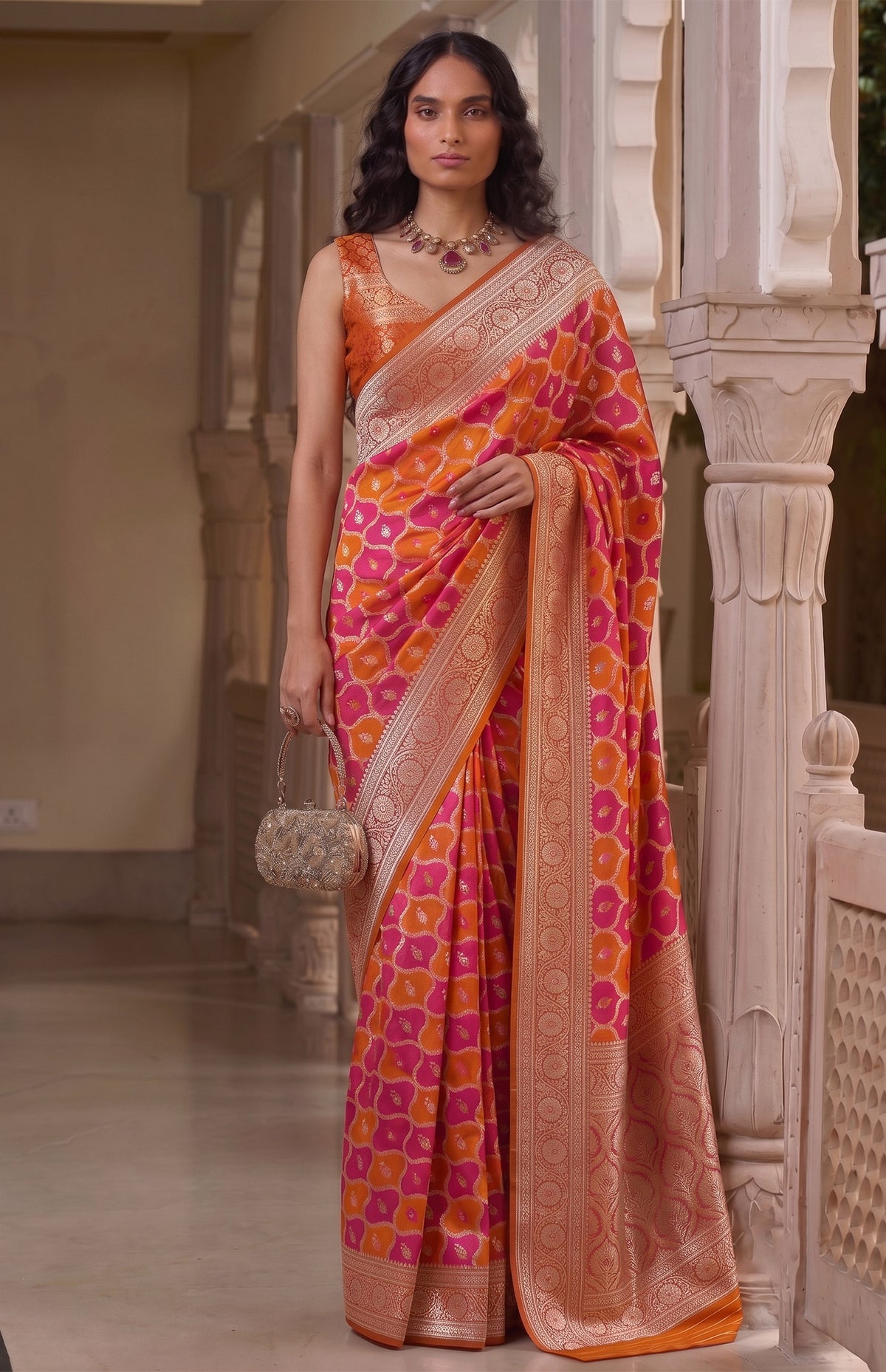 Rani Gulmohar | Orange & Rani Pink Handwoven Mashru Katan Banarasi Saree