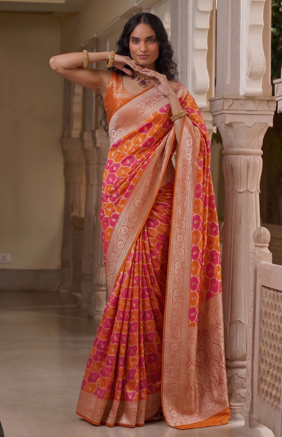 Rani Gulmohar | Orange & Rani Pink Handwoven Mashru Katan Banarasi Saree