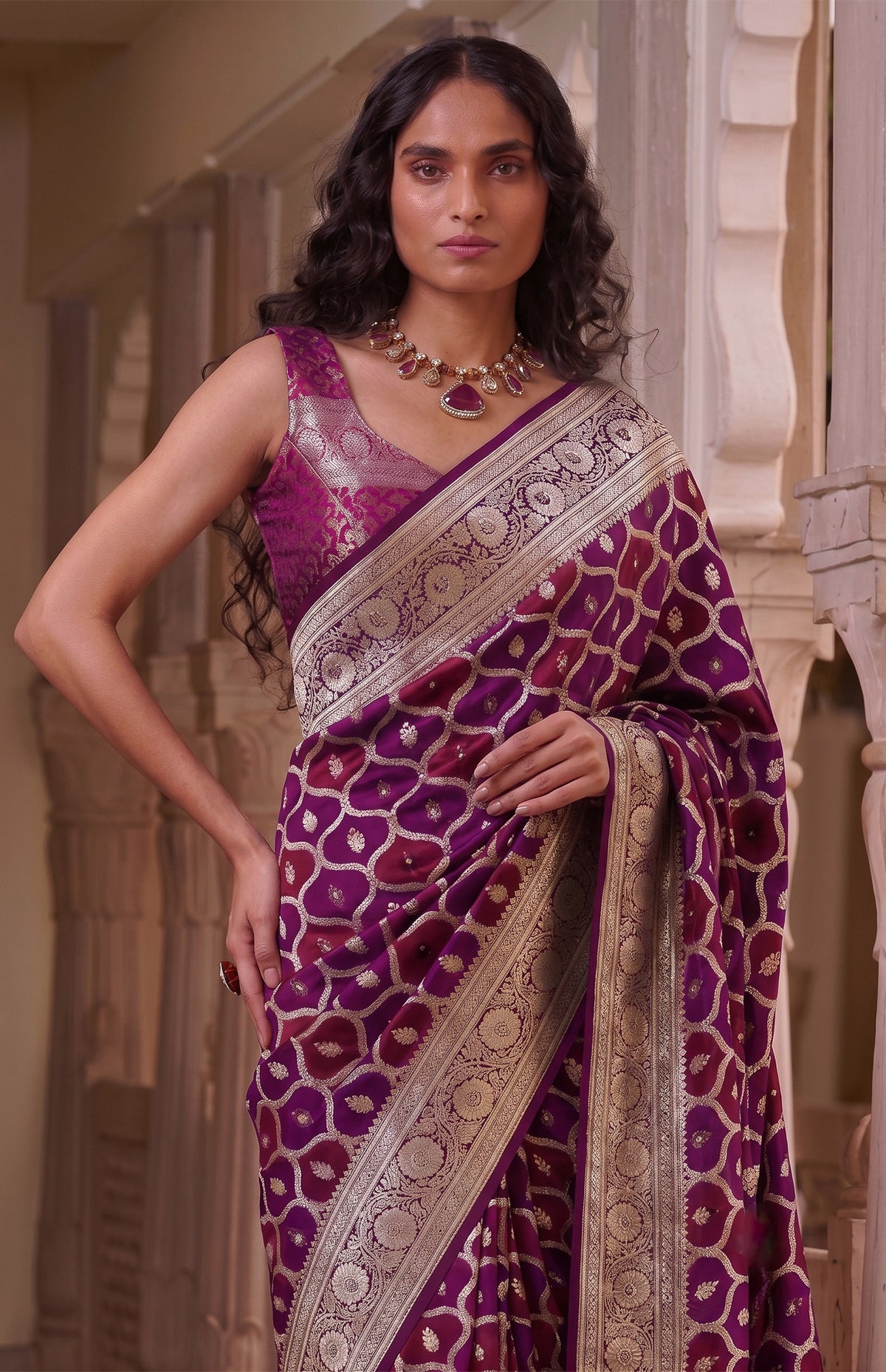 Rani Jamuni | Plum & Wine Handwoven Mashru Katan Banarasi Saree