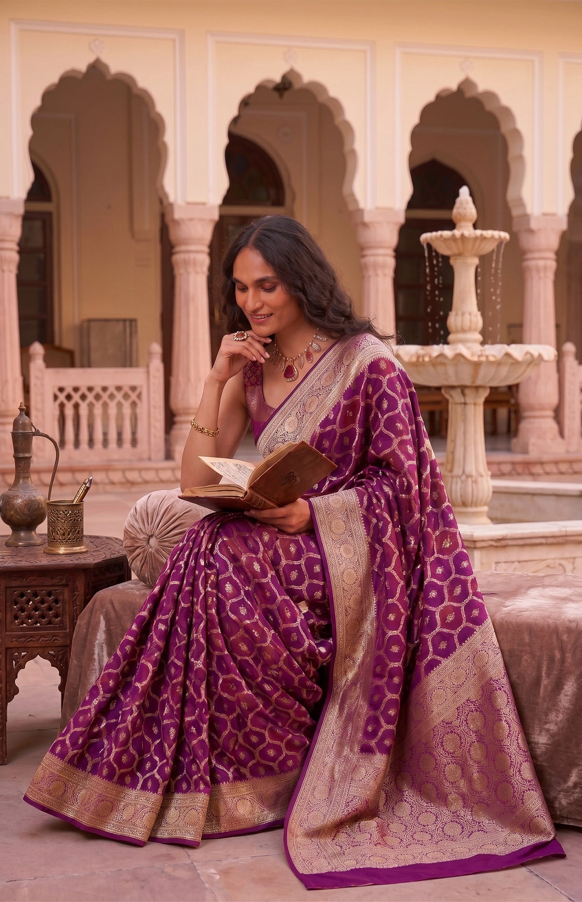 Rani Jamuni | Plum & Wine Handwoven Mashru Katan Banarasi Saree