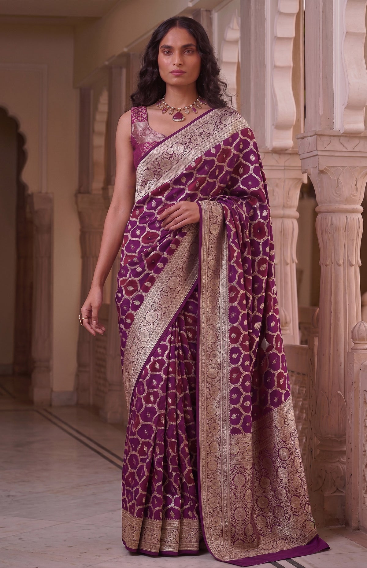 Rani Jamuni | Plum & Wine Handwoven Mashru Katan Banarasi Saree