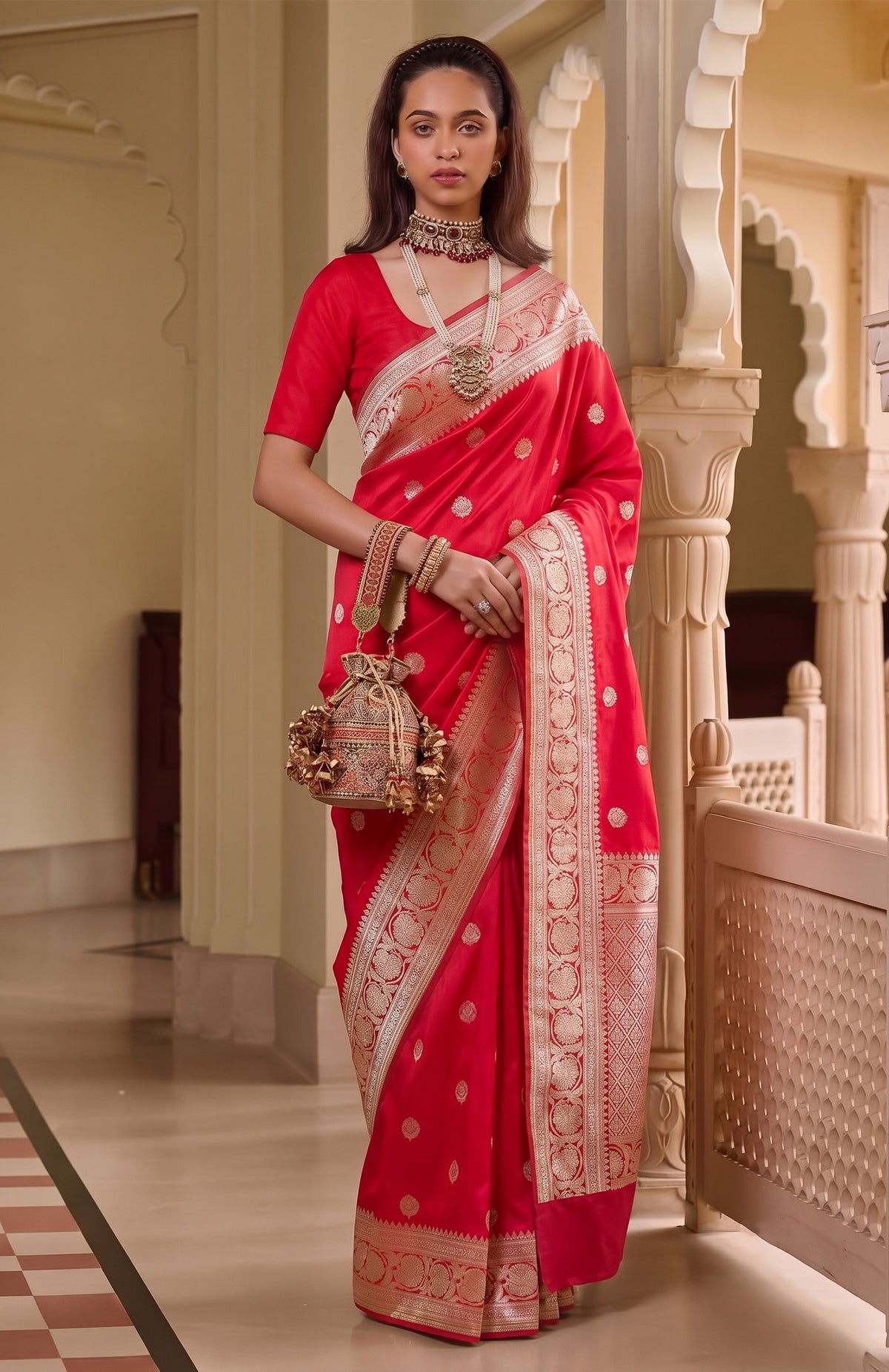 Sona Ishq | Red & Gold Handwoven Mashru Katan Banarasi Saree