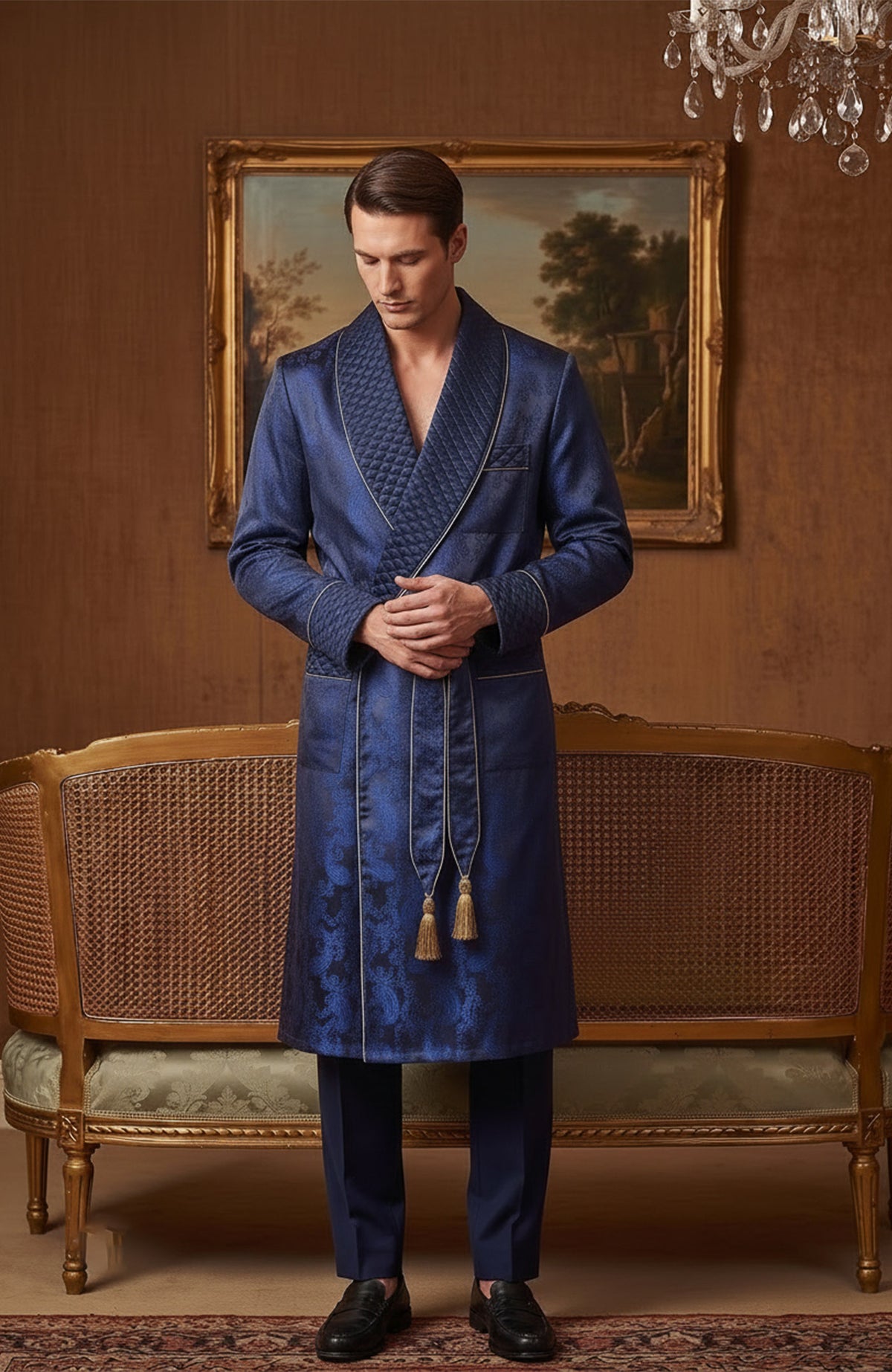 The Sapphire Sovereign | Blue Paisley Jacquard Quilted Robe for Men