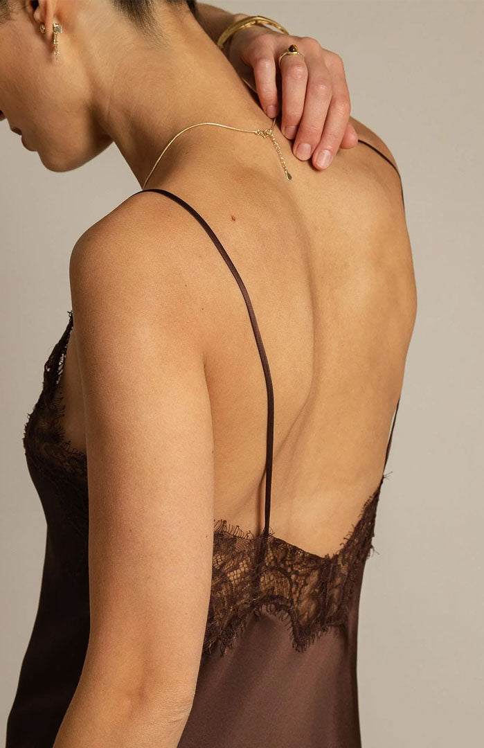 Velours Veil | Cocoa-Brown High-Low Satin Lace Dress