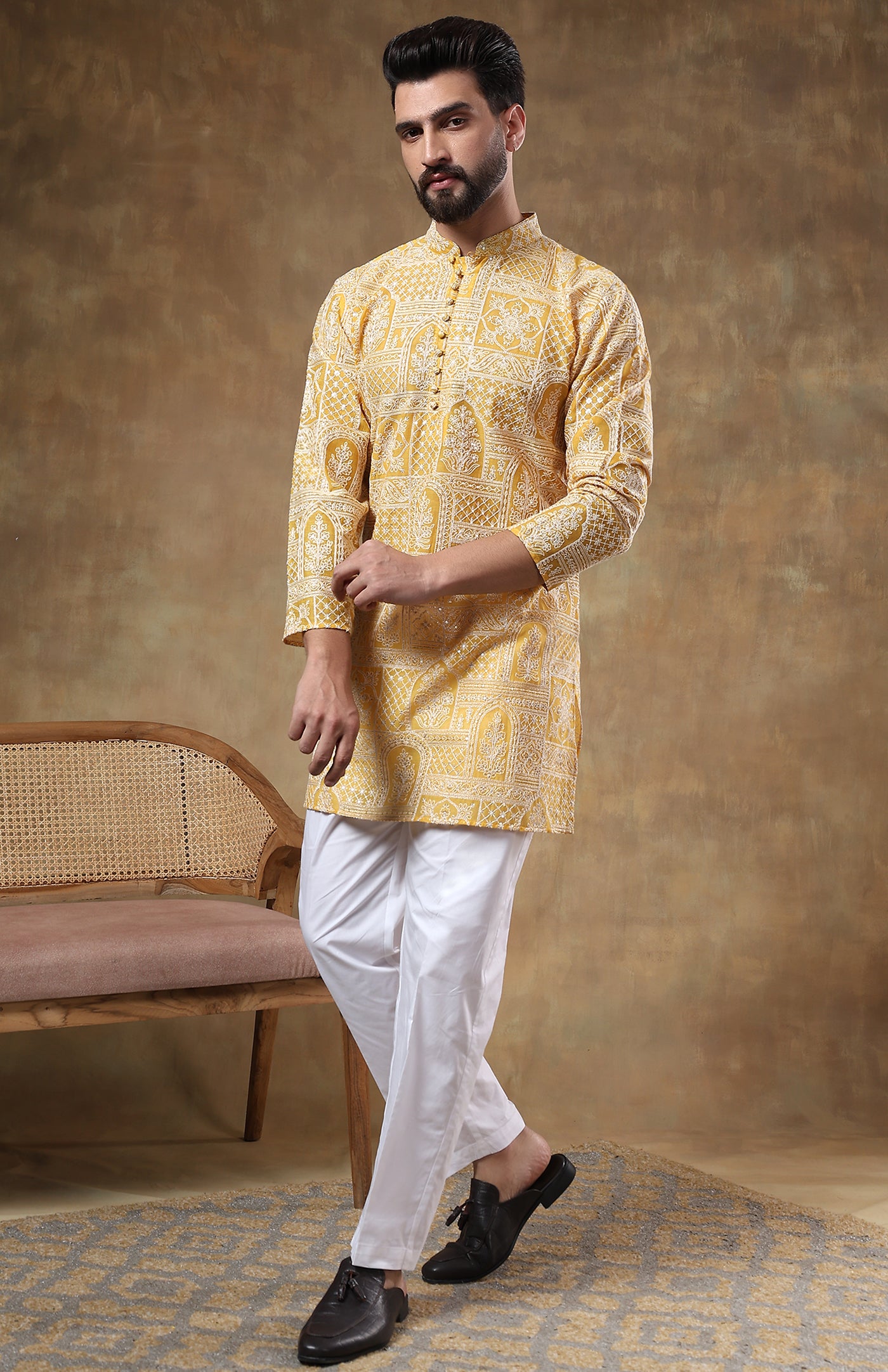 
Men's saffron yellow Chanderi cotton kurta with intricate handwork, mandarin collar, customizable length, perfect Indian festive wear from Luxe उत्सव 🪔 Collection-mens-kurts-festive-wear-wedding
