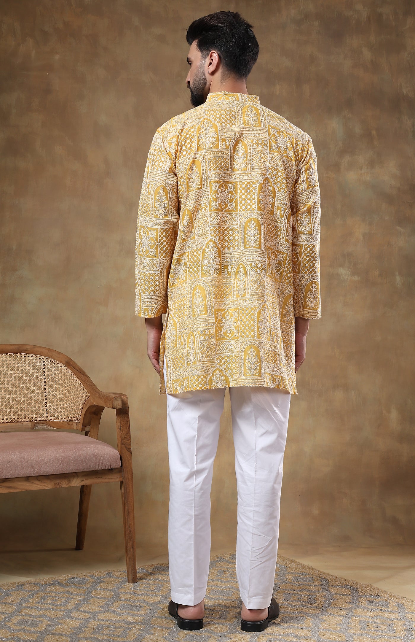 Men's saffron yellow Chanderi cotton kurta with intricate handwork, mandarin collar, customizable length, perfect Indian festive wear from Luxe उत्सव 🪔 Collection-mens-kurts-festive-wear-wedding
