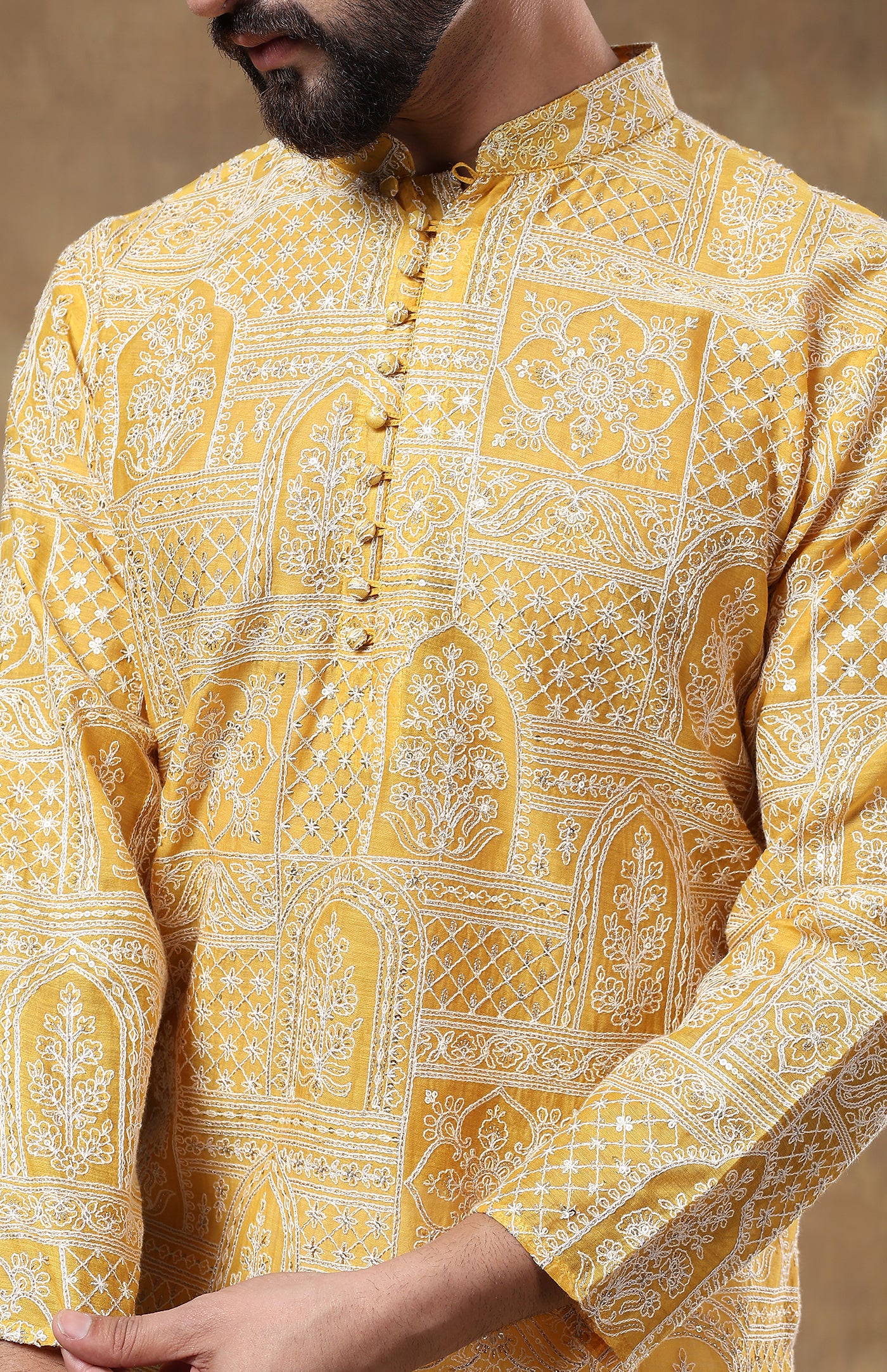 Men's saffron yellow Chanderi cotton kurta with intricate handwork, mandarin collar, customizable length, perfect Indian festive wear from Luxe उत्सव 🪔 Collection-mens-kurts-festive-wear-wedding
