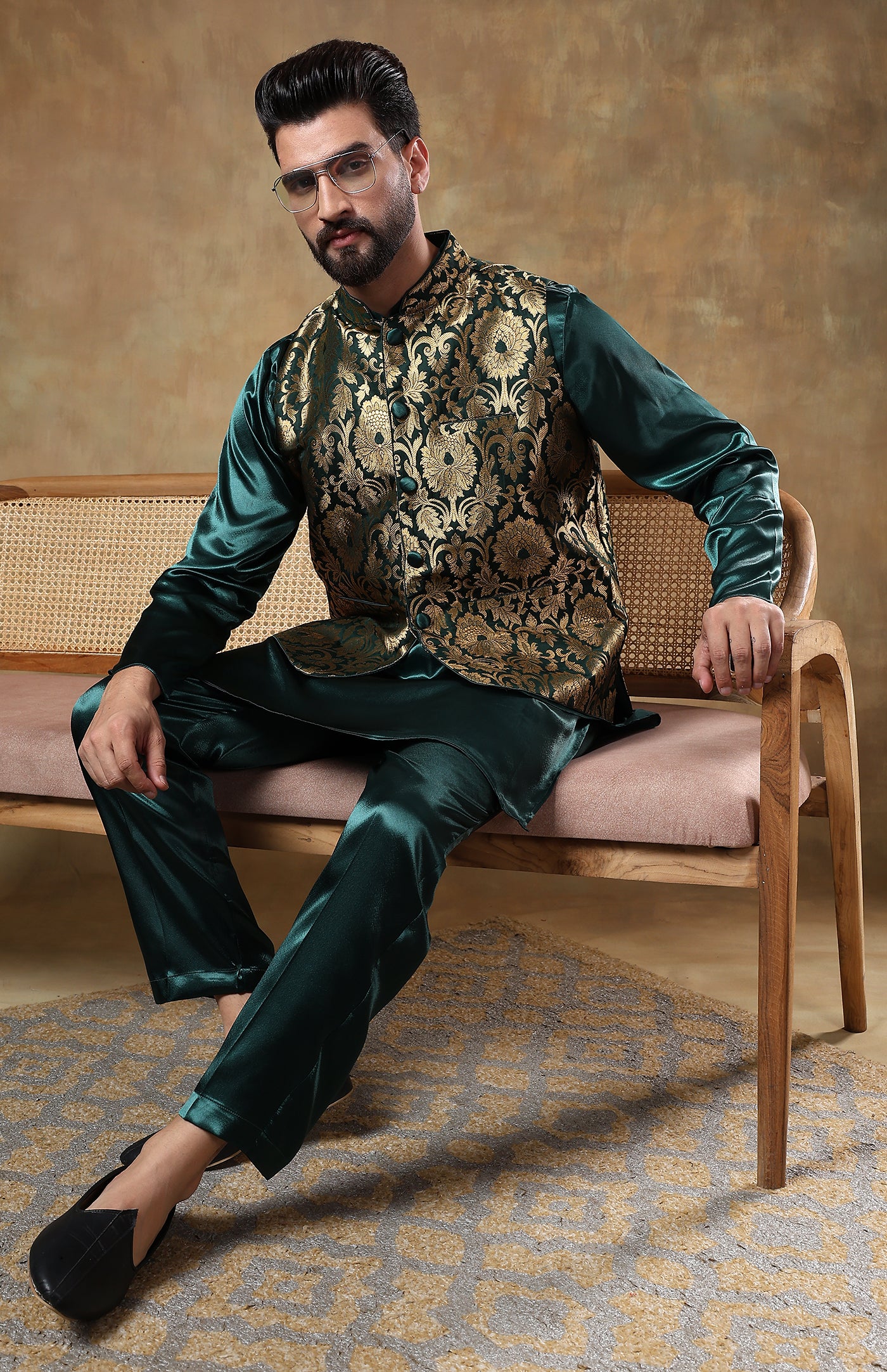 Nawabi Green | Silk Satin Kurta with Brocade Jacket