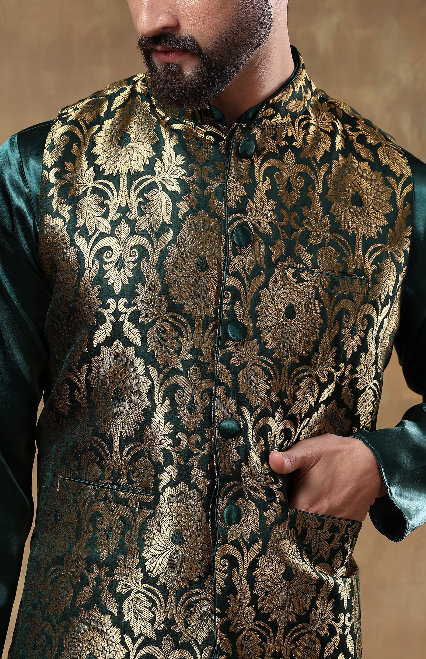 Nawabi Green | Silk Satin Kurta with Brocade Jacket