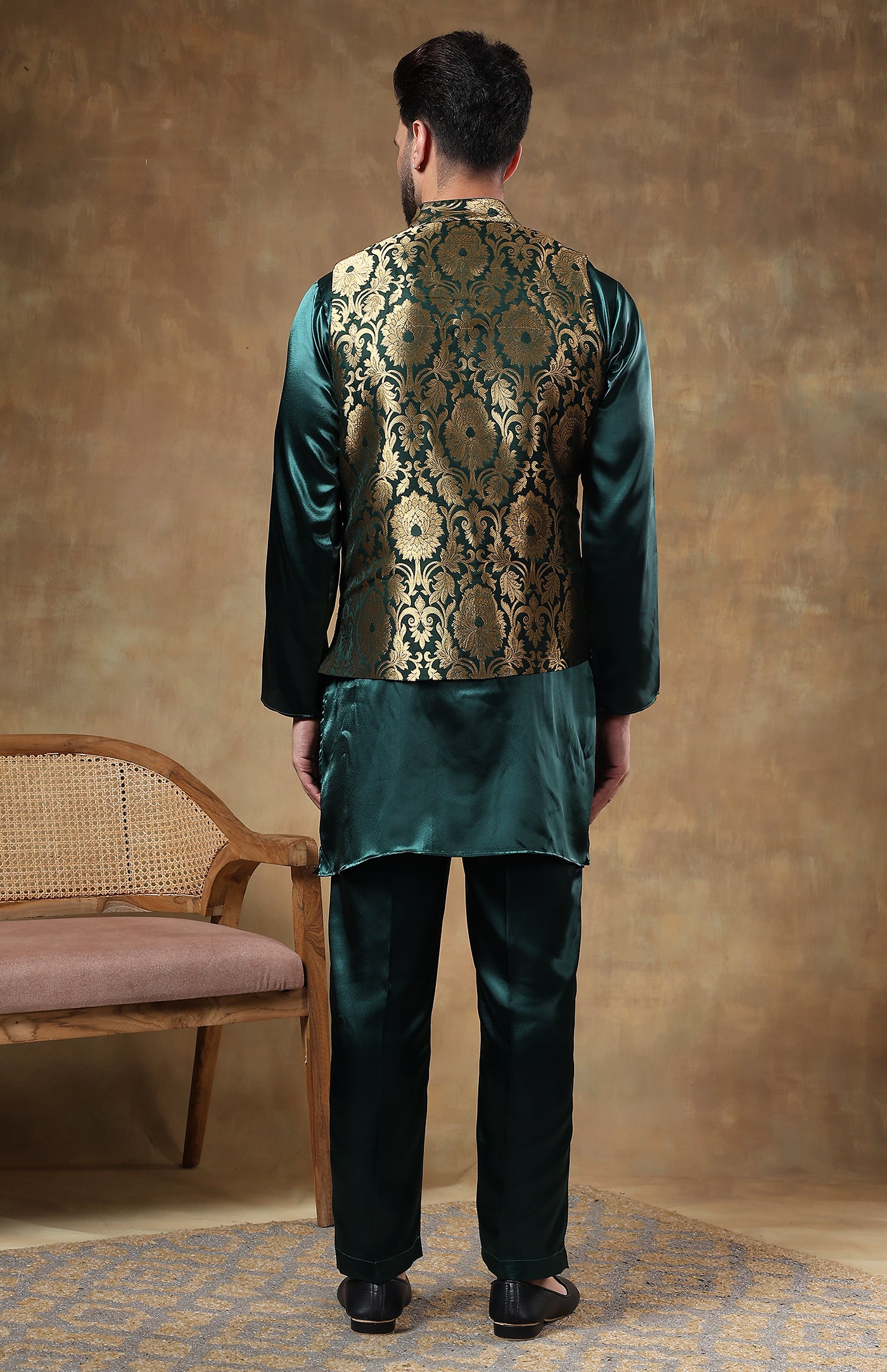 Nawabi Green | Silk Satin Kurta with Brocade Jacket