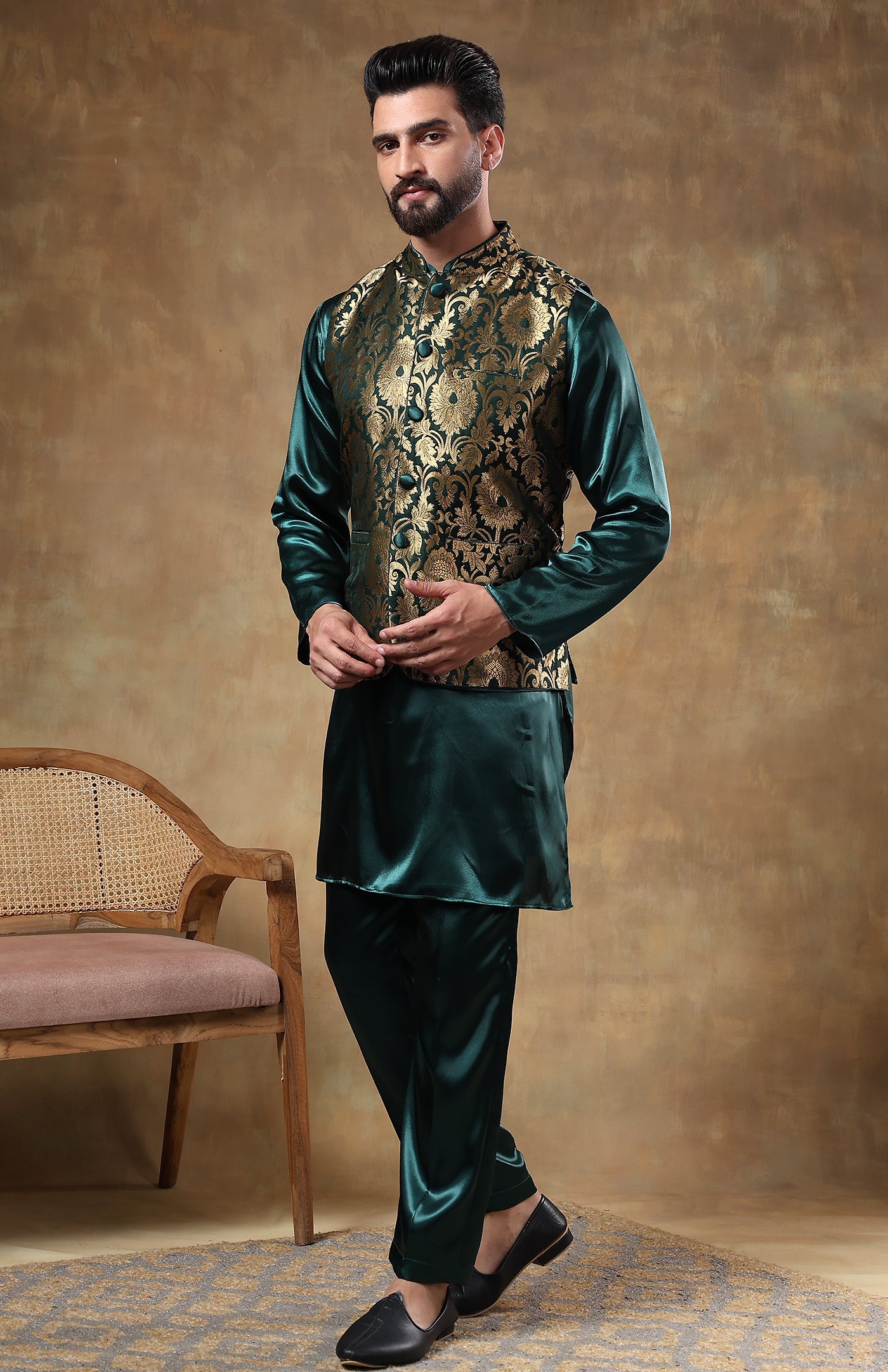 Nawabi Green | Silk Satin Kurta with Brocade Jacket