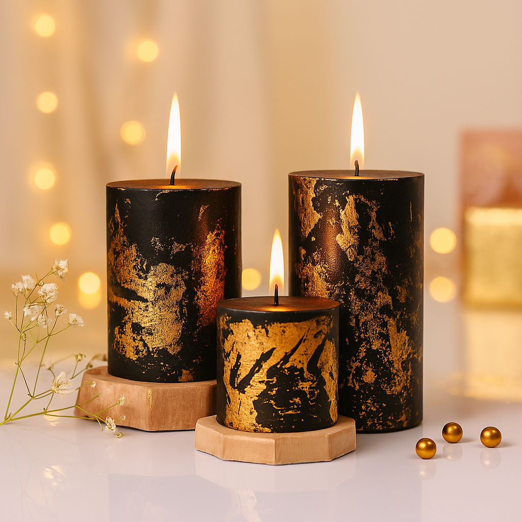 Three black and gold candles on a white surface with a blurred background