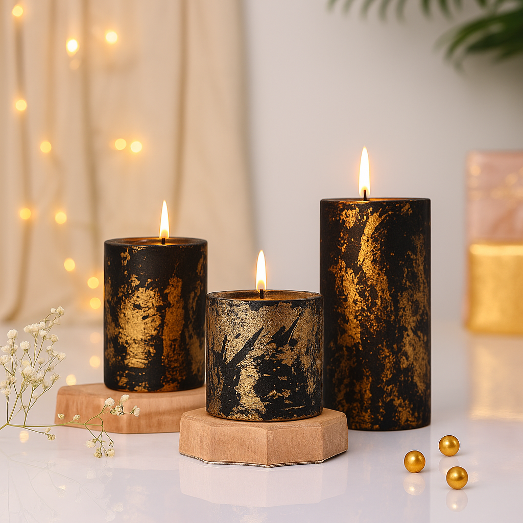 Noor Luxe | Black & Gold Decorative Candle Set for Diwali & Home Décor