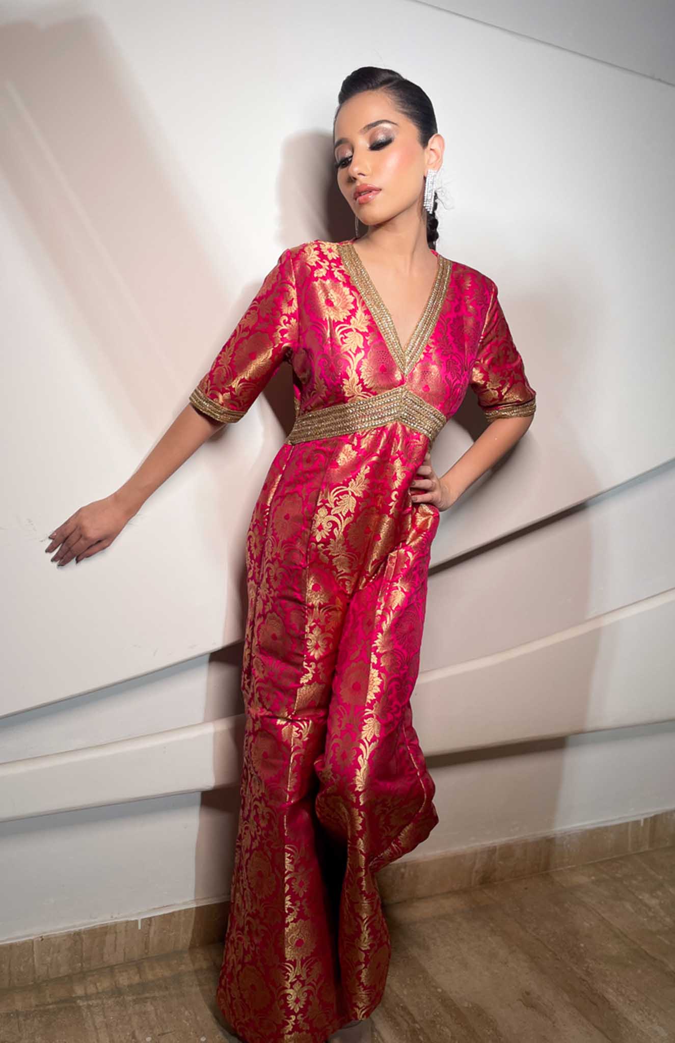 Gluabo | Pink Modern Indian Brocade Jumpsuit