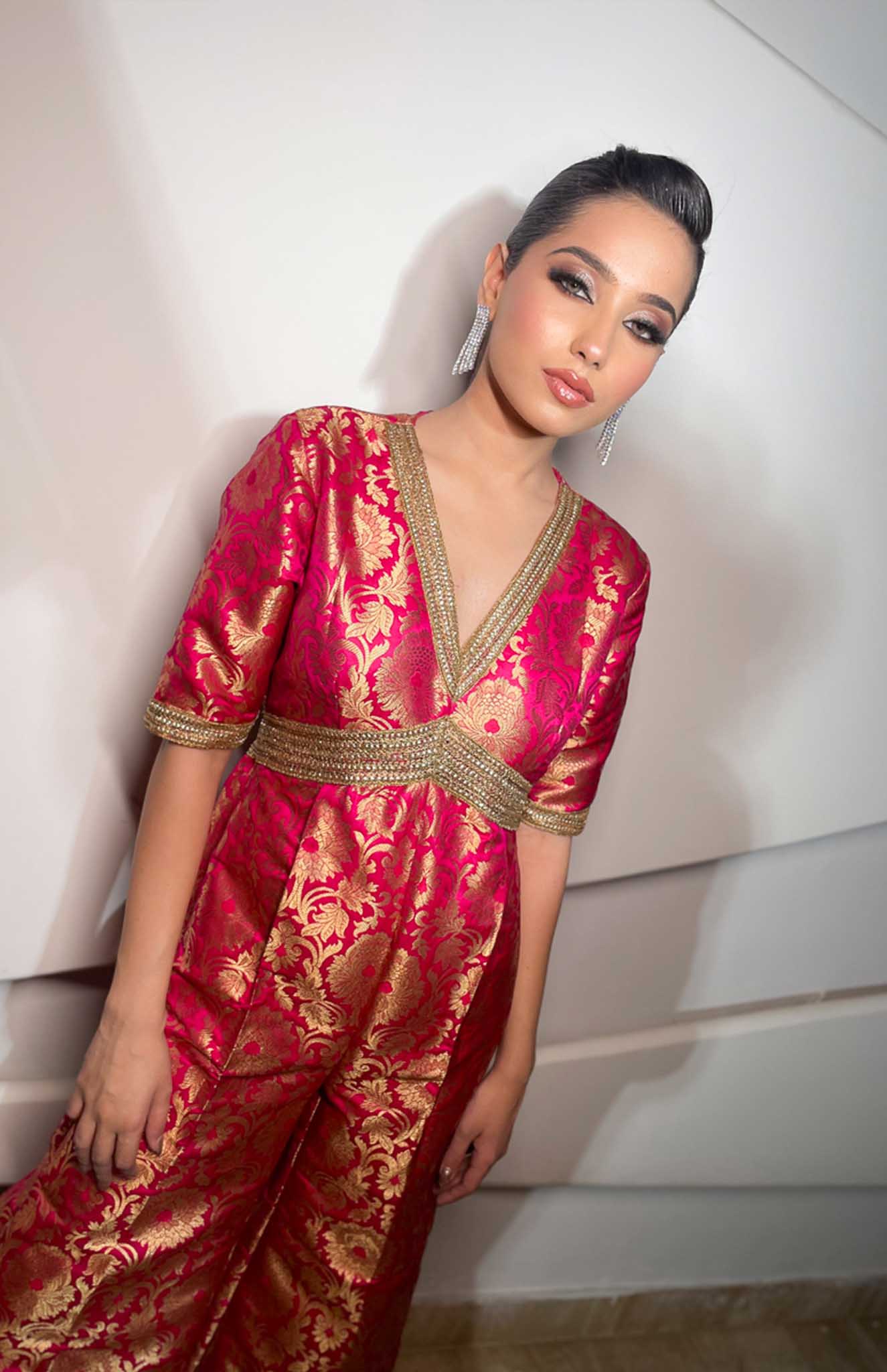 Gluabo | Pink Modern Indian Brocade Jumpsuit