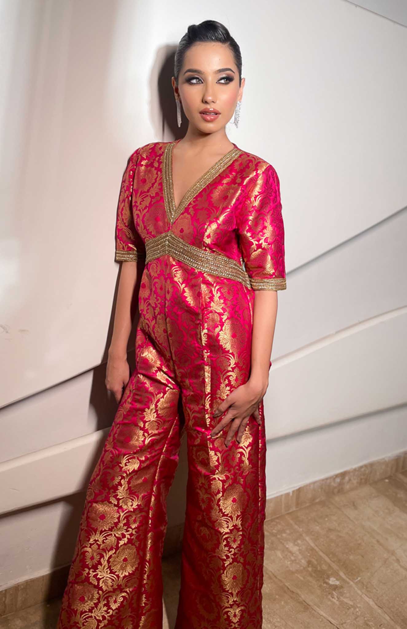 Gluabo | Pink Modern Indian Brocade Jumpsuit