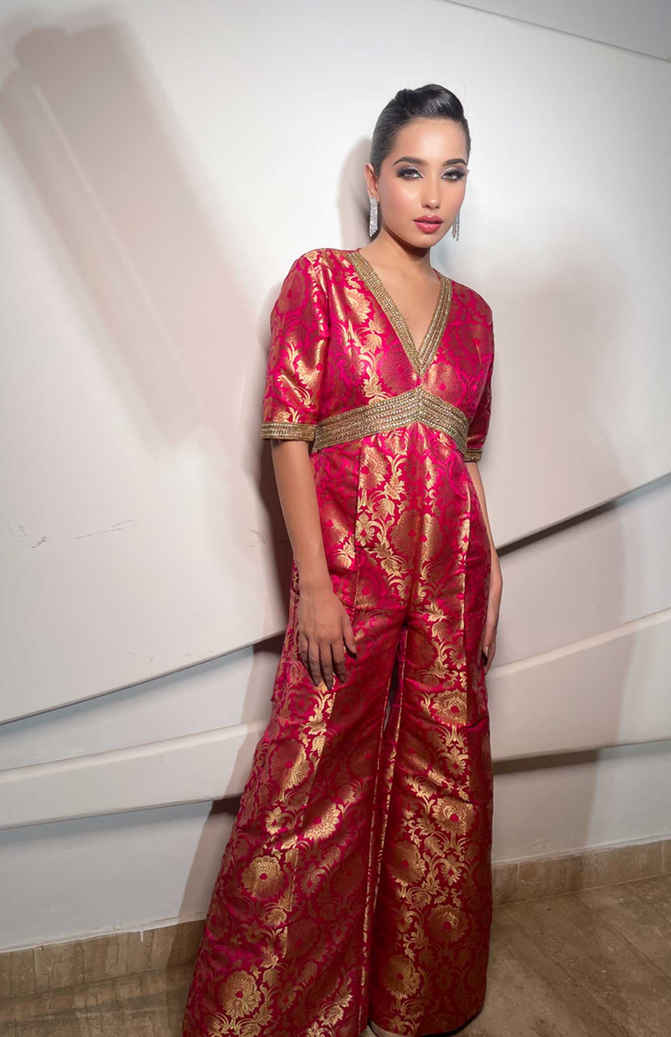 Gluabo | Pink Modern Indian Brocade Jumpsuit