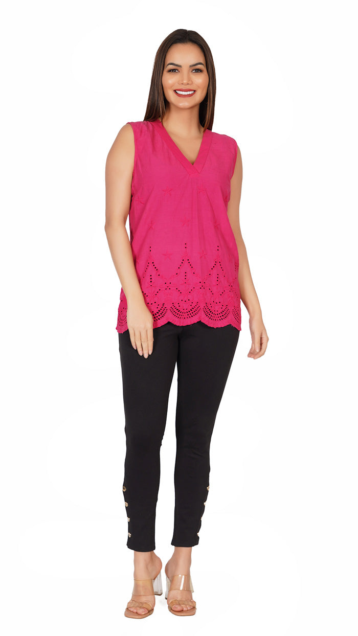 Pink-_-Cotton-Solid-V-Neck-Sleeveless-Regular-Fit-Top Schiffli-embroidery