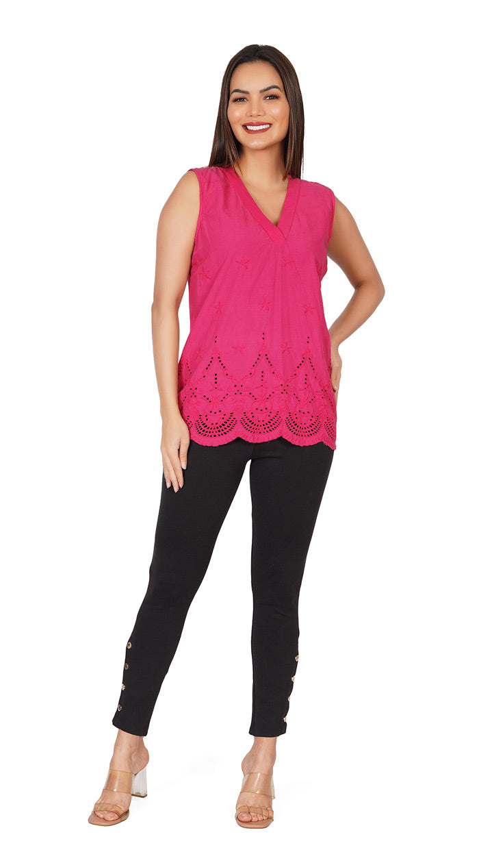 Pink-_-Cotton-Solid-V-Neck-Sleeveless-Regular-Fit-Top-Schiffli-embroidery