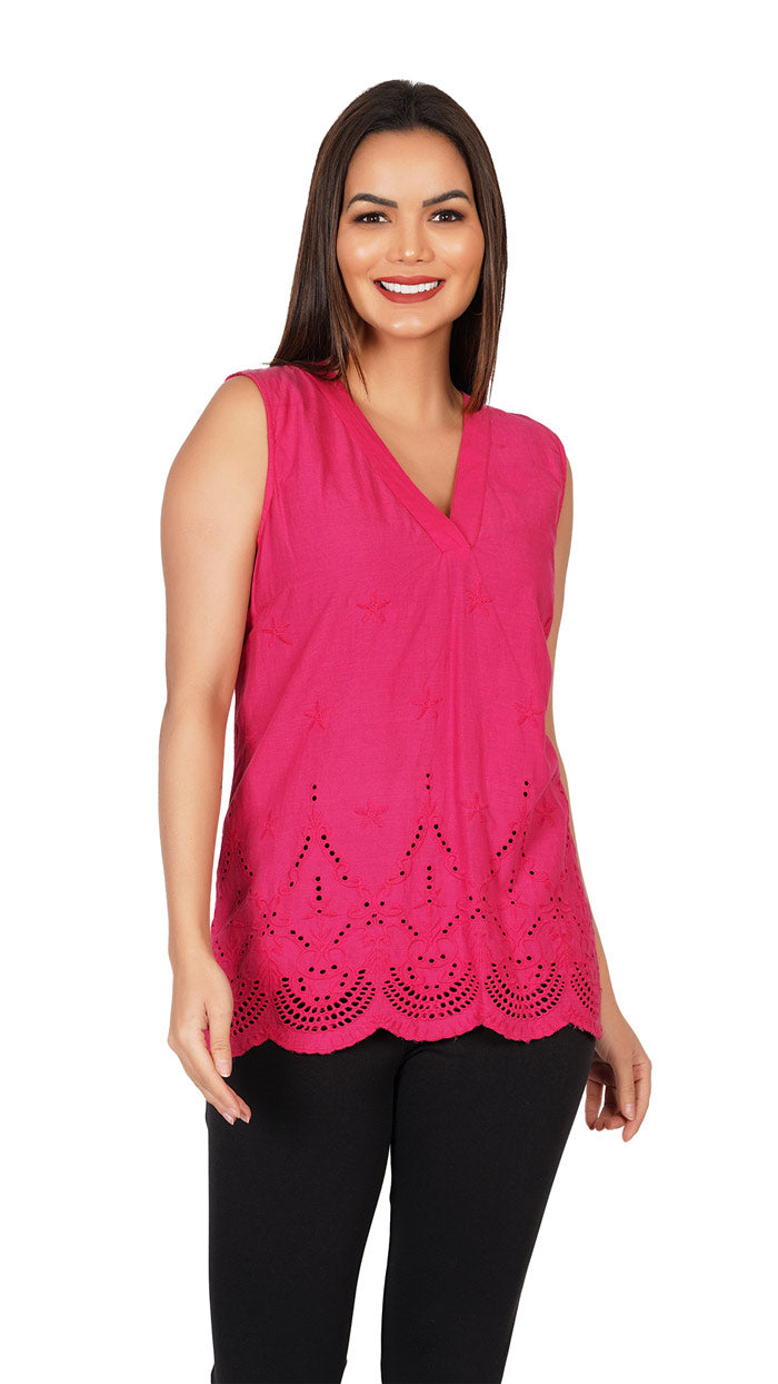 Pink-_-Cotton-Solid-V-Neck-Sleeveless-Regular-Fit-Top-Schiffli-embroidery