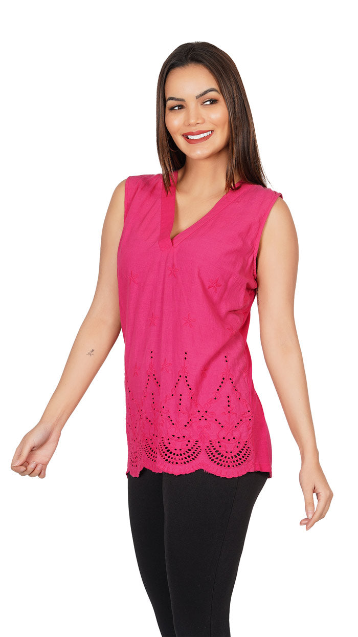 Pink-_-Cotton-Solid-V-Neck-Sleeveless-Regular-Fit-Top-Schiffli-embroidery