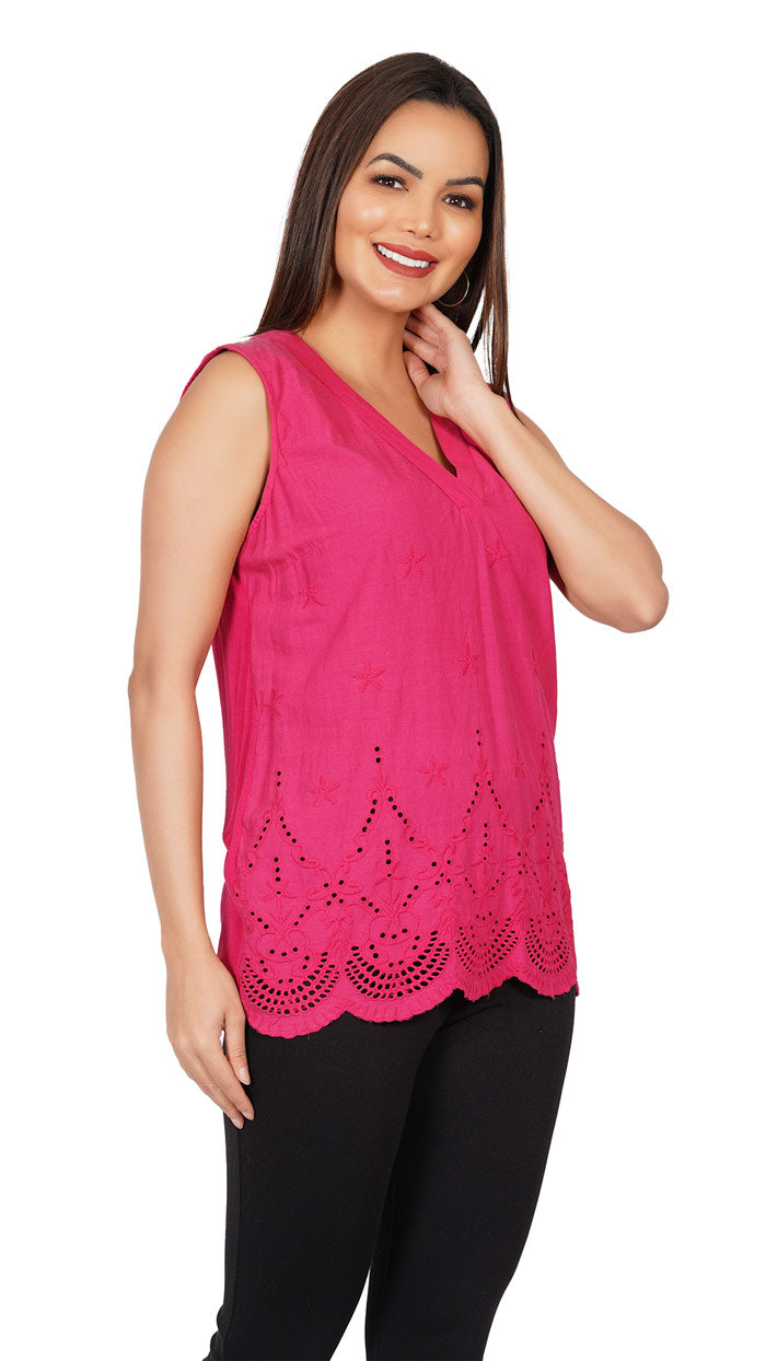 Pink-_-Cotton-Solid-V-Neck-Sleeveless-Regular-Fit-Top-Schiffli-embroidery