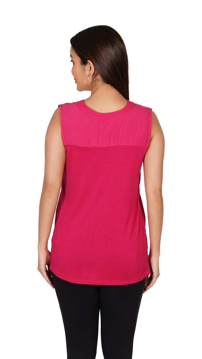 Pink-_-Cotton-Solid-V-Neck-Sleeveless-Regular-Fit-Top-Schiffli-embroidery