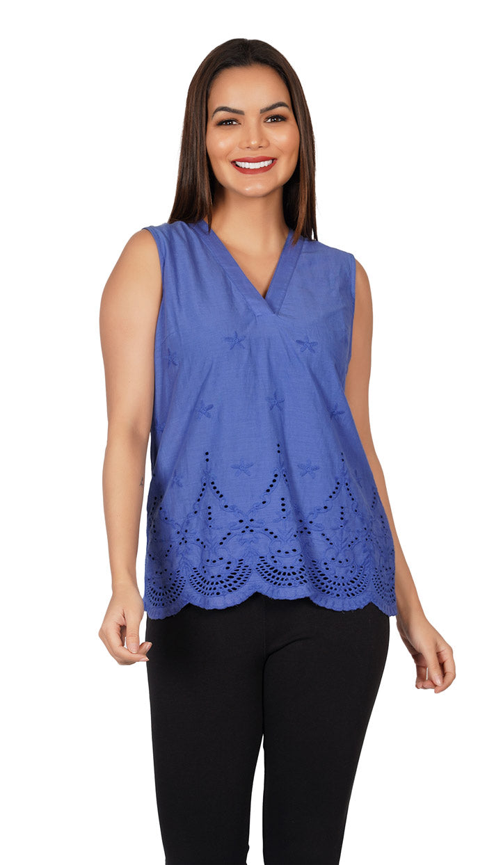 Products-Blue-_-Cotton-Solid-V-Neck-Sleeveless-Regular-Fit-Top-_-Schiffli-embroidery-1