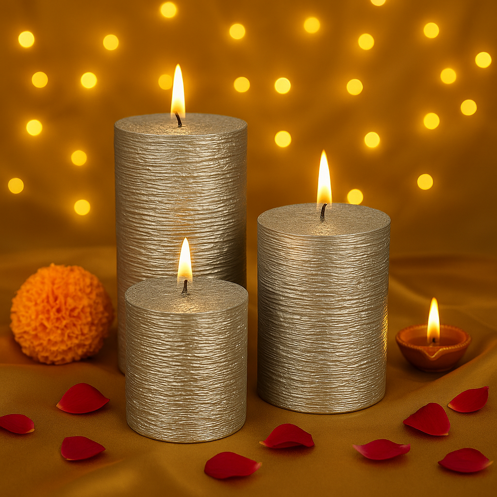 Three lit candles on a textured surface with red petals and a blurred string of lights in the background.