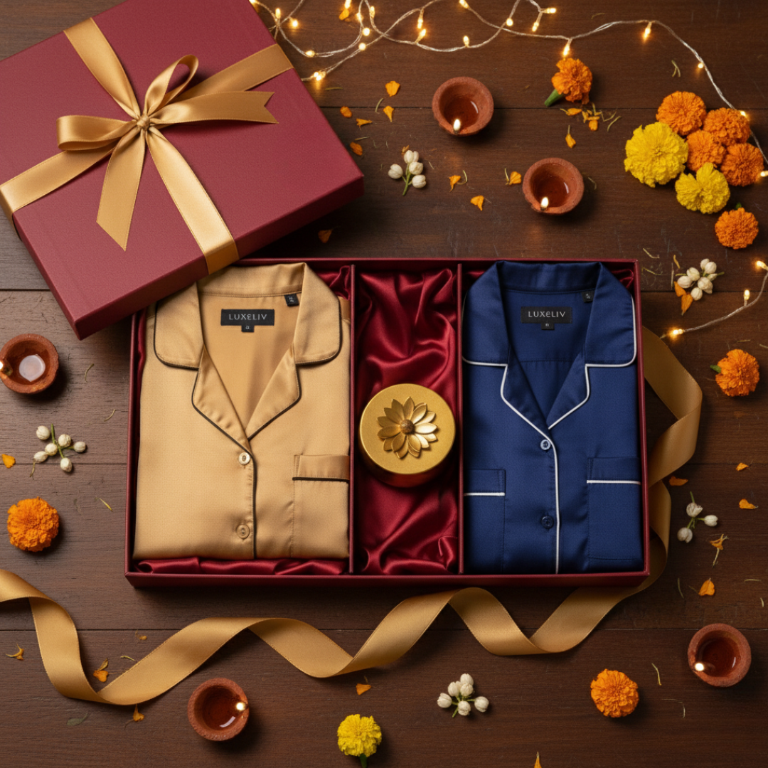 Diwali Gift Box For Couples in Armani Satin | Premium Satin Loungewear & Candle Set