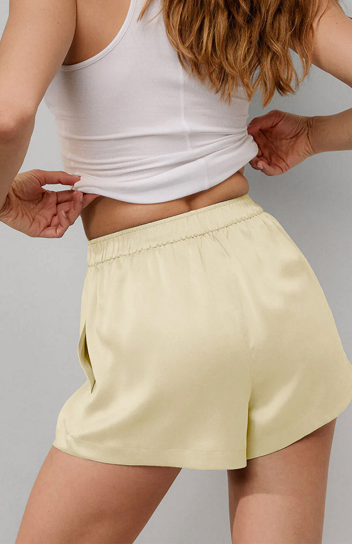 Sunlit Satin Charm – Women’s Lemon Yellow Armani Satin Boxer Shorts