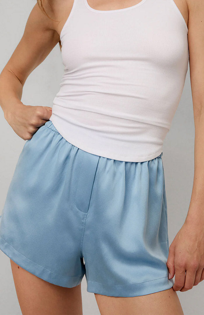 Frosted Satin Charm – Women’s Light Blue Armani Satin Boxer Shorts