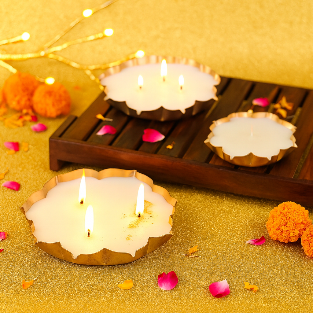 Golden Bloom | Set of 3 Festive Metal Candles for Diwali & Home Décor