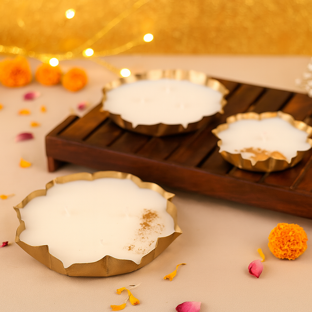 Golden Bloom | Set of 3 Festive Metal Candles for Diwali & Home Décor