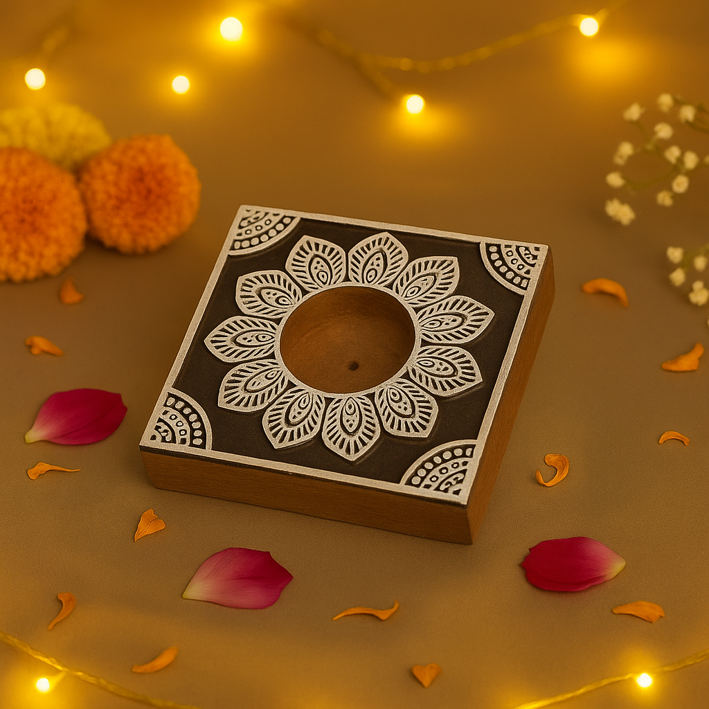 Decorative candle holder with floral patterns on a warm-toned background with flowers and lights.