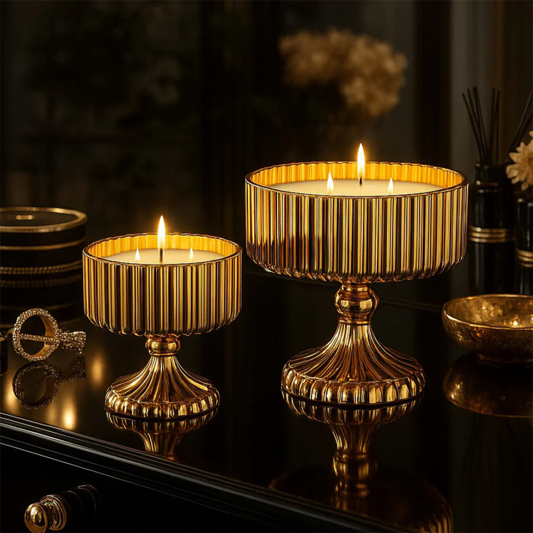 Vintage Luxe | 3-Wick Pedestal Candle in Antique Gold Glass Holder