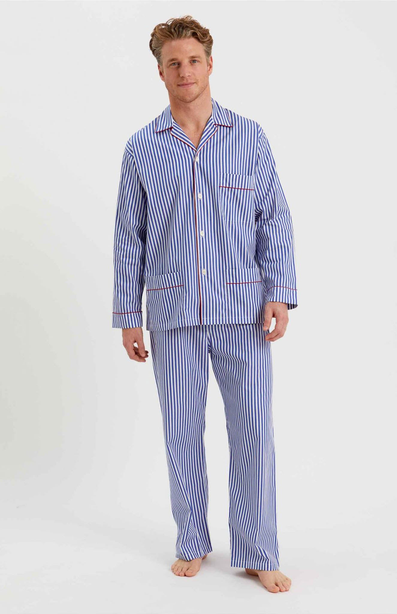 Sea Breeze Stripes | Lounge Wear Set | 100% Cotton | Luxeliv men's wear| sleepwear - blue and white stripes