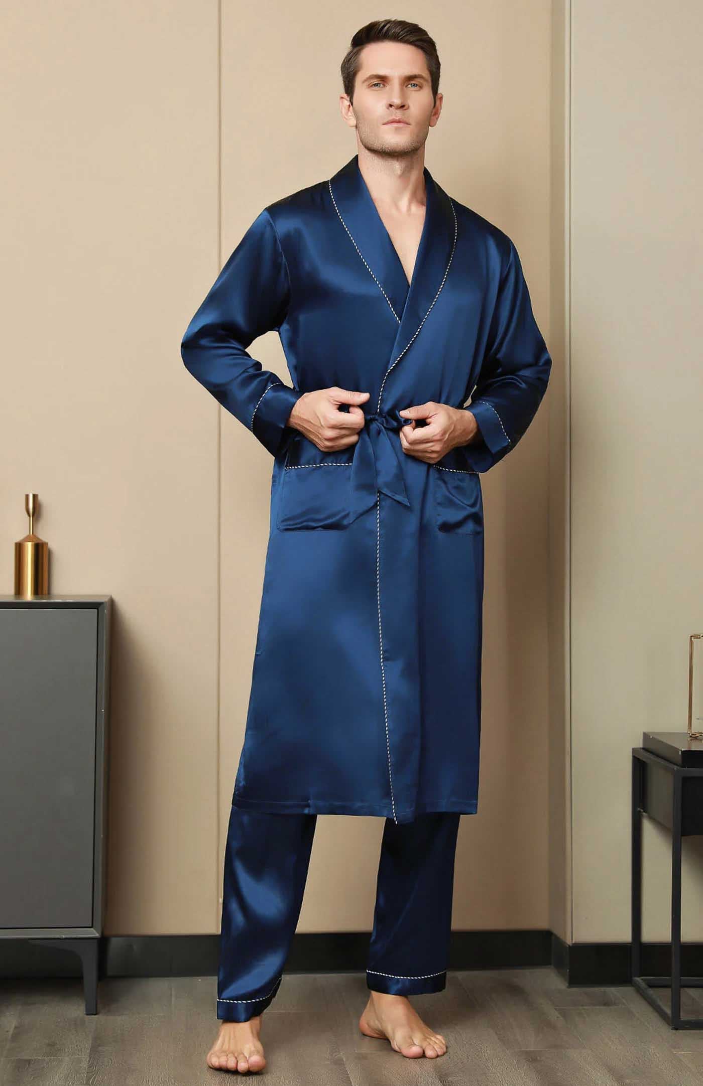 Midnight Blue Satin Robe and Pyjama - Luxurious Loungewear Collection