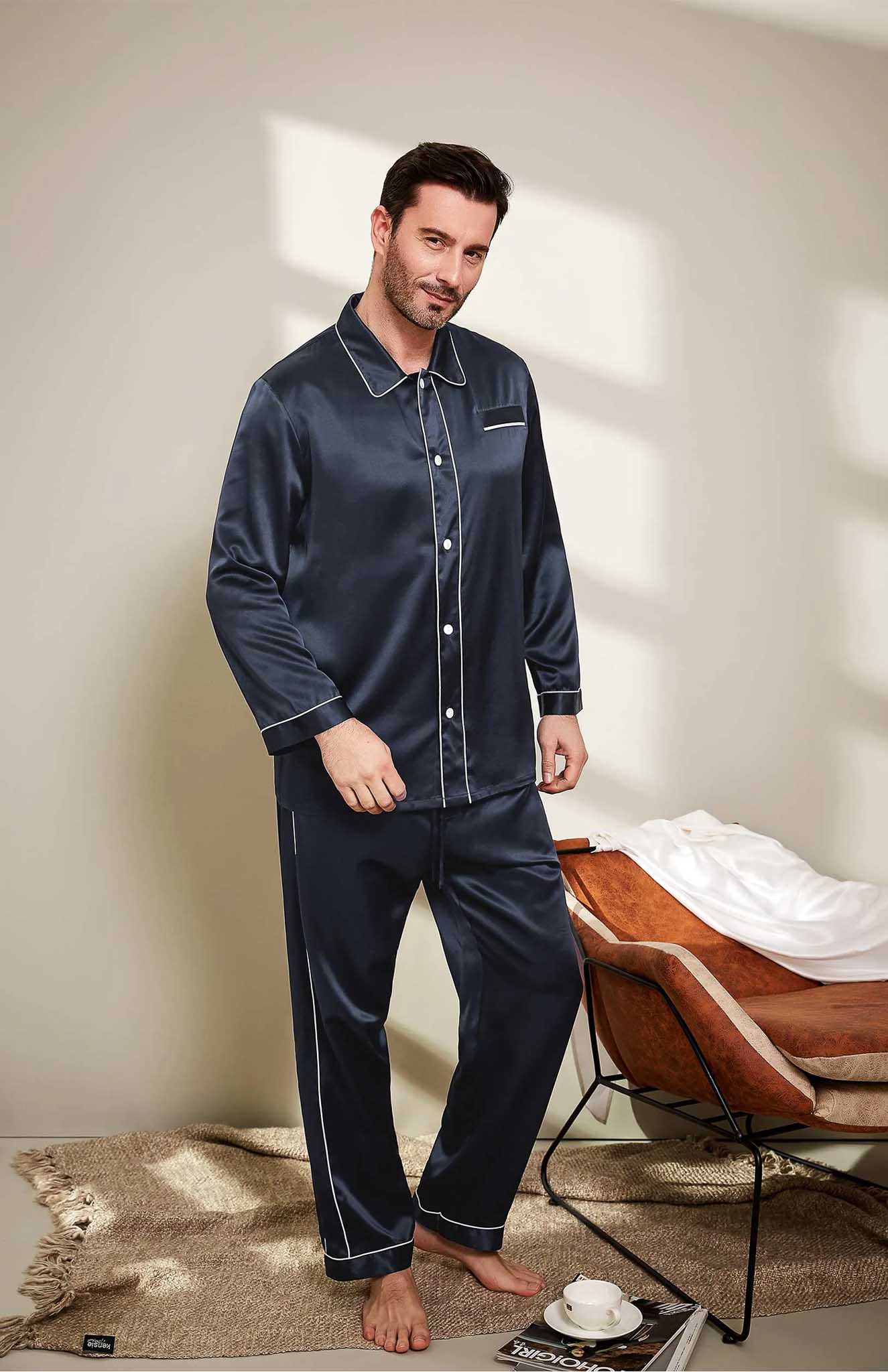 Navy Nouveau Satin Loungewear Set for Men | Luxeliv