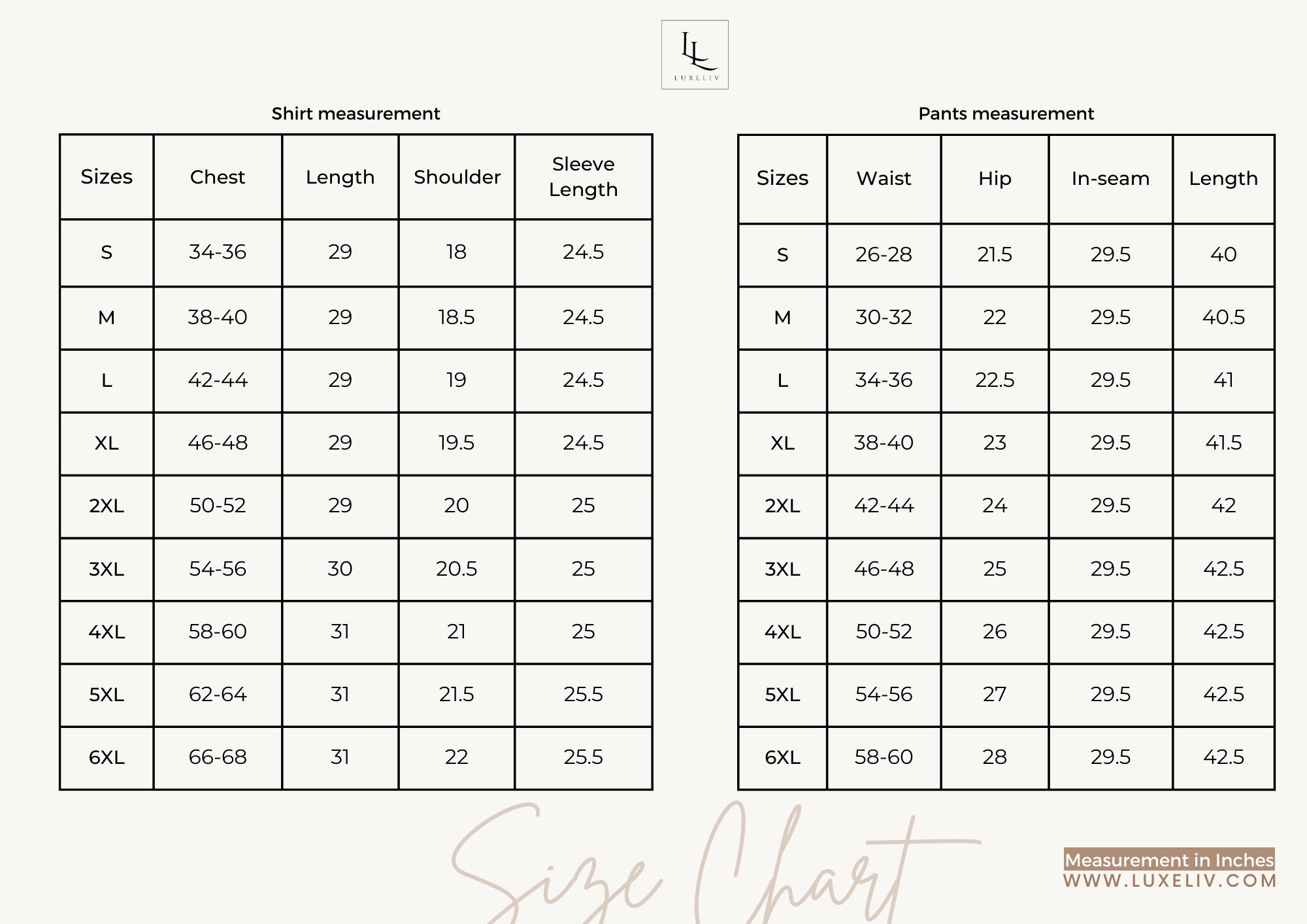 Liv sale size chart