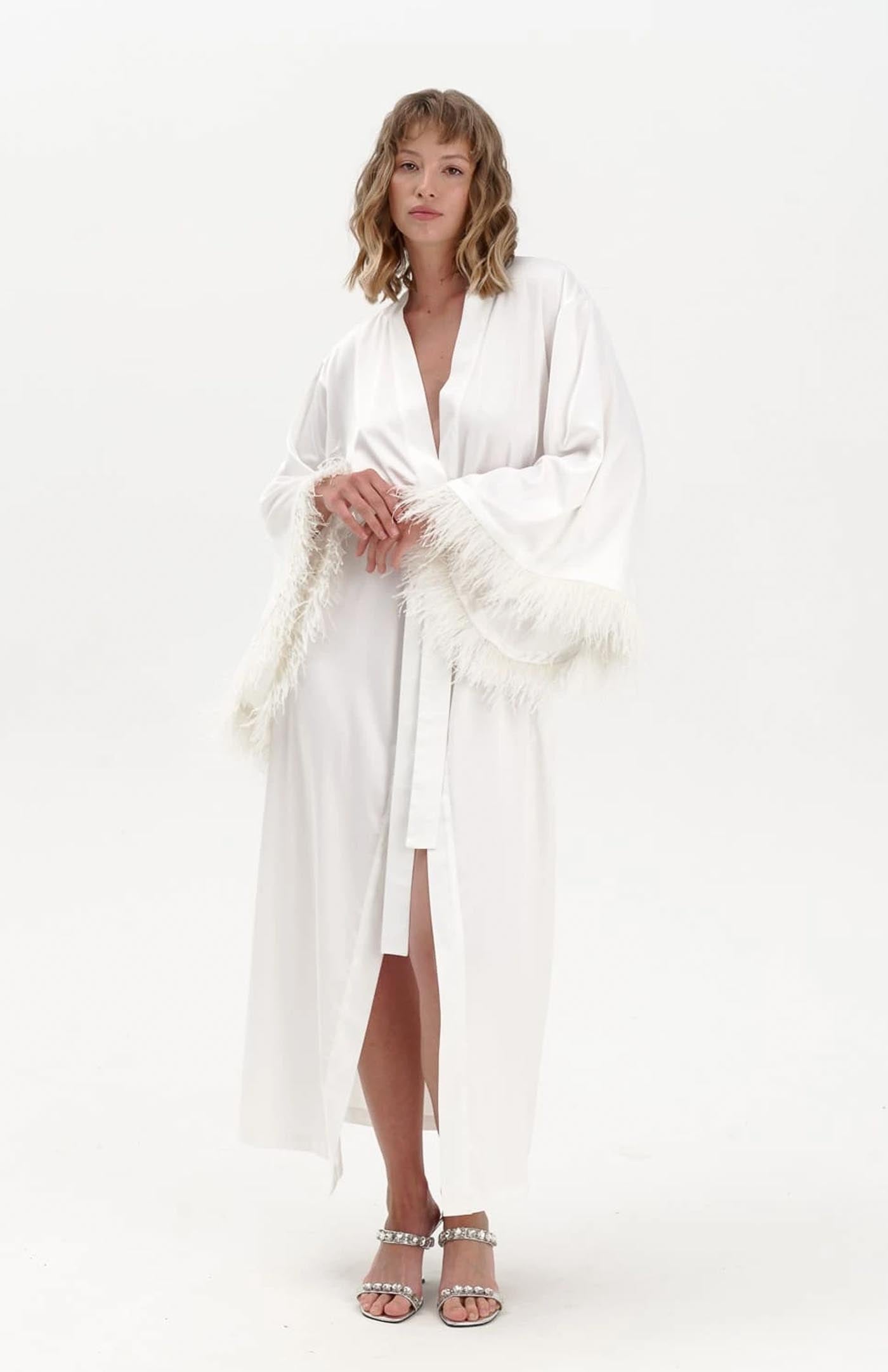 Kim | White Feather Robe - Wedding Collection