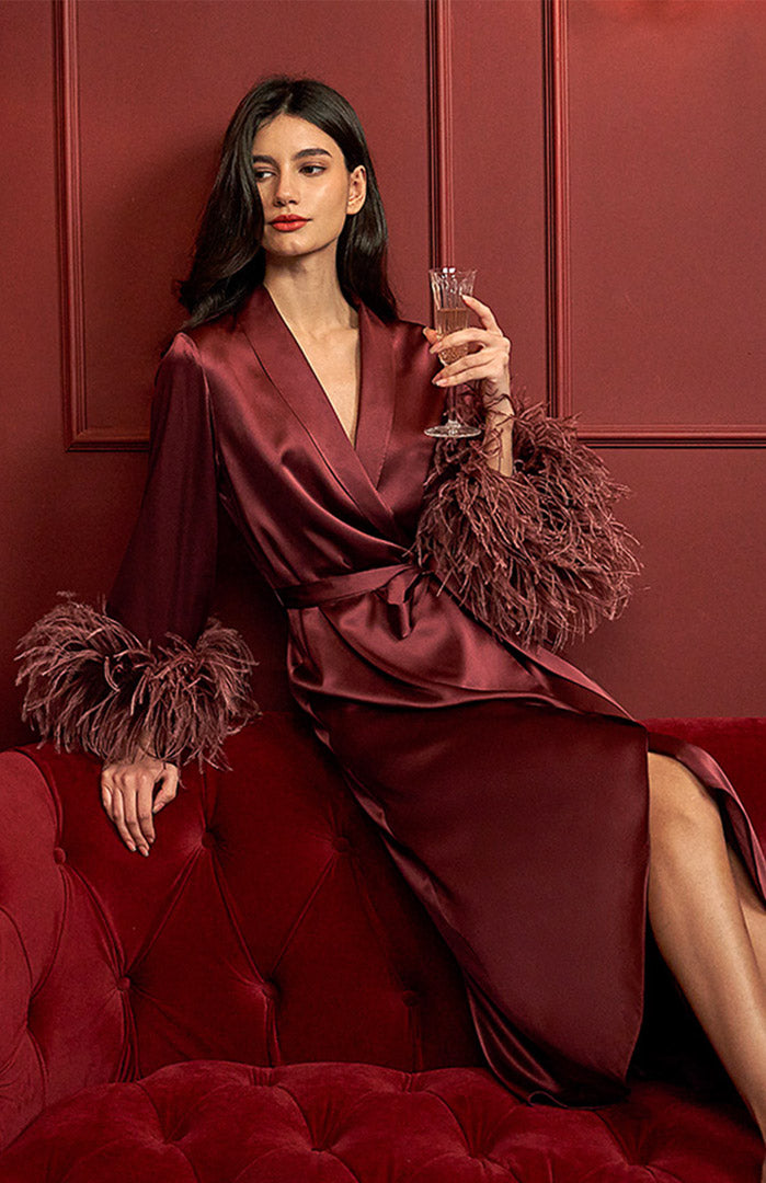 Scarlet Elegance | Satin Feather-Trim Robe